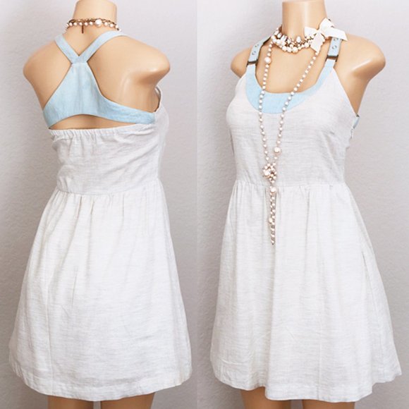 Heather Grey Denim Blue Cotton Cute Pinafore Dress - Picture 2 of 8